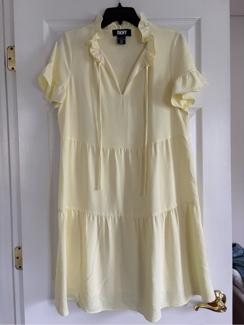 DKNY Light Yellow Ruffle Tiered Short-Sleeve Dress